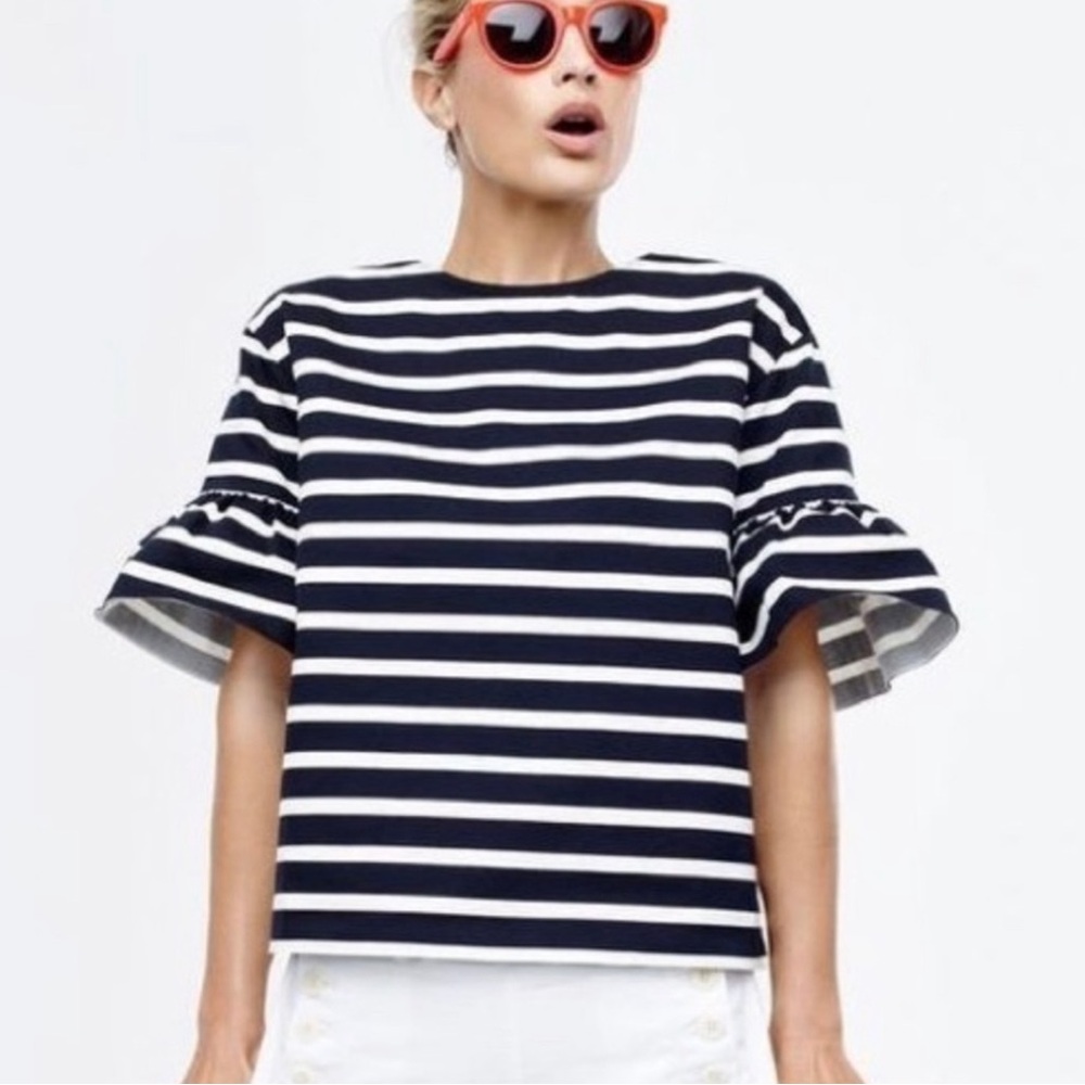 J CREW Striped Cotton Ruffle Sleeve SZ S LIKE NEW